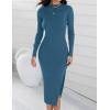 imageZESICA Womens 2025 Ribbed Knit Dress Long Sleeve Mock Neck Slim Fit Side Slit Spring Elegant Sweater DressesDarkblue