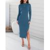 imageZESICA Womens 2025 Ribbed Knit Dress Long Sleeve Mock Neck Slim Fit Side Slit Spring Elegant Sweater DressesDarkblue