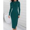 imageZESICA Womens 2025 Ribbed Knit Dress Long Sleeve Mock Neck Slim Fit Side Slit Spring Elegant Sweater DressesDarkgreen