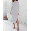 imageZESICA Womens 2025 Ribbed Knit Dress Long Sleeve Mock Neck Slim Fit Side Slit Spring Elegant Sweater DressesGrey