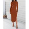 imageZESICA Womens 2025 Ribbed Knit Dress Long Sleeve Mock Neck Slim Fit Side Slit Spring Elegant Sweater DressesRust