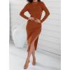 imageZESICA Womens 2025 Ribbed Knit Dress Long Sleeve Mock Neck Slim Fit Side Slit Spring Elegant Sweater DressesRust