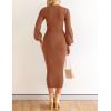 imageZESICA Womens 2025 Square Neck Ribbed Knit Dress Puff Long Sleeve Slim Fit Bodycon Fall Winter Pullover Sweater DressCoffee