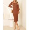 imageZESICA Womens 2025 Square Neck Ribbed Knit Dress Puff Long Sleeve Slim Fit Bodycon Fall Winter Pullover Sweater DressCoffee