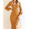 imageZESICA Womens 2025 Square Neck Ribbed Knit Dress Puff Long Sleeve Slim Fit Bodycon Fall Winter Pullover Sweater DressGoldentea