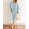 imageZESICA Womens 2025 Square Neck Ribbed Knit Dress Puff Long Sleeve Slim Fit Bodycon Fall Winter Pullover Sweater DressLightblue
