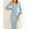 imageZESICA Womens 2025 Square Neck Ribbed Knit Dress Puff Long Sleeve Slim Fit Bodycon Fall Winter Pullover Sweater DressLightblue