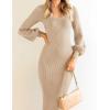imageZESICA Womens 2025 Square Neck Ribbed Knit Dress Puff Long Sleeve Slim Fit Bodycon Fall Winter Pullover Sweater DressLightkhaki