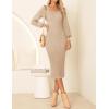 imageZESICA Womens 2025 Square Neck Ribbed Knit Dress Puff Long Sleeve Slim Fit Bodycon Fall Winter Pullover Sweater DressLightkhaki