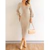 imageZESICA Womens 2025 Square Neck Ribbed Knit Dress Puff Long Sleeve Slim Fit Bodycon Fall Winter Pullover Sweater DressLightkhaki