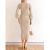 imageZESICA Womens 2025 Square Neck Ribbed Knit Dress Puff Long Sleeve Slim Fit Bodycon Fall Winter Pullover Sweater DressLightkhaki
