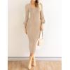 imageZESICA Womens 2025 Square Neck Ribbed Knit Dress Puff Long Sleeve Slim Fit Bodycon Fall Winter Pullover Sweater DressLightkhaki