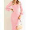 imageZESICA Womens 2025 Square Neck Ribbed Knit Dress Puff Long Sleeve Slim Fit Bodycon Fall Winter Pullover Sweater DressLightpink