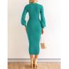 imageZESICA Womens 2025 Square Neck Ribbed Knit Dress Puff Long Sleeve Slim Fit Bodycon Fall Winter Pullover Sweater DressPeacock