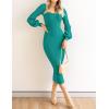 imageZESICA Womens 2025 Square Neck Ribbed Knit Dress Puff Long Sleeve Slim Fit Bodycon Fall Winter Pullover Sweater DressPeacock