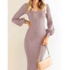imageZESICA Womens 2025 Square Neck Ribbed Knit Dress Puff Long Sleeve Slim Fit Bodycon Fall Winter Pullover Sweater DressPurple