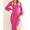 imageZESICA Womens 2025 Square Neck Ribbed Knit Dress Puff Long Sleeve Slim Fit Bodycon Fall Winter Pullover Sweater DressRose