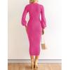 imageZESICA Womens 2025 Square Neck Ribbed Knit Dress Puff Long Sleeve Slim Fit Bodycon Fall Winter Pullover Sweater DressRose