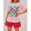 imageZESICA Womens 2025 Summer 2 Piece Lounge Set Short Sleeve Graphic Print Tops and Shorts Outfits with PocketsRed
