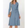 imageZESICA Womens Fall Long Sleeve Wrap V Neck Ribbed Knit Pleated A Line Pullover Sweater Dress with BeltDustyblue