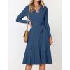 imageZESICA Womens Fall Long Sleeve Wrap V Neck Ribbed Knit Pleated A Line Pullover Sweater Dress with BeltNavy