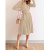 imageZESICA Womens Fall Long Sleeve Wrap V Neck Ribbed Knit Pleated A Line Pullover Sweater Dress with BeltOatmeal