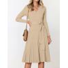 imageZESICA Womens Fall Long Sleeve Wrap V Neck Ribbed Knit Pleated A Line Pullover Sweater Dress with BeltOatmeal