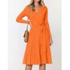 imageZESICA Womens Fall Long Sleeve Wrap V Neck Ribbed Knit Pleated A Line Pullover Sweater Dress with BeltOrange