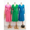 imageZESICA Womens Fall Long Sleeve Wrap V Neck Ribbed Knit Pleated A Line Pullover Sweater Dress with BeltPink
