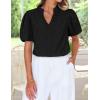 imageZESICA Womens Summer Short Puff Sleeve Shirts 2025 V Neck Casual Hollow Out Lace Embroidered Blouse TopsBlack
