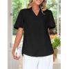 imageZESICA Womens Summer Short Puff Sleeve Shirts 2025 V Neck Casual Hollow Out Lace Embroidered Blouse TopsBlack