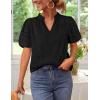 imageZESICA Womens Summer Short Puff Sleeve Shirts 2025 V Neck Casual Hollow Out Lace Embroidered Blouse TopsBlack