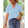 imageZESICA Womens Summer Short Puff Sleeve Shirts 2025 V Neck Casual Hollow Out Lace Embroidered Blouse TopsBlue