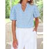 imageZESICA Womens Summer Short Puff Sleeve Shirts 2025 V Neck Casual Hollow Out Lace Embroidered Blouse TopsBlue