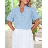 imageZESICA Womens Summer Short Puff Sleeve Shirts 2025 V Neck Casual Hollow Out Lace Embroidered Blouse TopsBlue