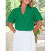 imageZESICA Womens Summer Short Puff Sleeve Shirts 2025 V Neck Casual Hollow Out Lace Embroidered Blouse TopsGreen