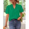 imageZESICA Womens Summer Short Puff Sleeve Shirts 2025 V Neck Casual Hollow Out Lace Embroidered Blouse TopsGreen