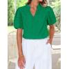 imageZESICA Womens Summer Short Puff Sleeve Shirts 2025 V Neck Casual Hollow Out Lace Embroidered Blouse TopsGreen