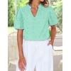imageZESICA Womens Summer Short Puff Sleeve Shirts 2025 V Neck Casual Hollow Out Lace Embroidered Blouse TopsLight Green