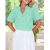 imageZESICA Womens Summer Short Puff Sleeve Shirts 2025 V Neck Casual Hollow Out Lace Embroidered Blouse TopsLight Green