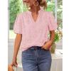 imageZESICA Womens Summer Short Puff Sleeve Shirts 2025 V Neck Casual Hollow Out Lace Embroidered Blouse TopsPink