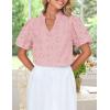 imageZESICA Womens Summer Short Puff Sleeve Shirts 2025 V Neck Casual Hollow Out Lace Embroidered Blouse TopsPink