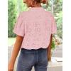 imageZESICA Womens Summer Short Puff Sleeve Shirts 2025 V Neck Casual Hollow Out Lace Embroidered Blouse TopsPink