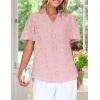 imageZESICA Womens Summer Short Puff Sleeve Shirts 2025 V Neck Casual Hollow Out Lace Embroidered Blouse TopsPink