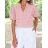 imageZESICA Womens Summer Short Puff Sleeve Shirts 2025 V Neck Casual Hollow Out Lace Embroidered Blouse TopsPink