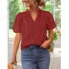 imageZESICA Womens Summer Short Puff Sleeve Shirts 2025 V Neck Casual Hollow Out Lace Embroidered Blouse TopsRed Brown