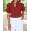 imageZESICA Womens Summer Short Puff Sleeve Shirts 2025 V Neck Casual Hollow Out Lace Embroidered Blouse TopsRed Brown