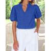 imageZESICA Womens Summer Short Puff Sleeve Shirts 2025 V Neck Casual Hollow Out Lace Embroidered Blouse TopsRoyal Blue