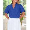 imageZESICA Womens Summer Short Puff Sleeve Shirts 2025 V Neck Casual Hollow Out Lace Embroidered Blouse TopsRoyal Blue