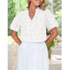 imageZESICA Womens Summer Short Puff Sleeve Shirts 2025 V Neck Casual Hollow Out Lace Embroidered Blouse TopsWhite